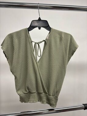 Altar’d State Sage Green Ribbed V-Neck Top with V-back